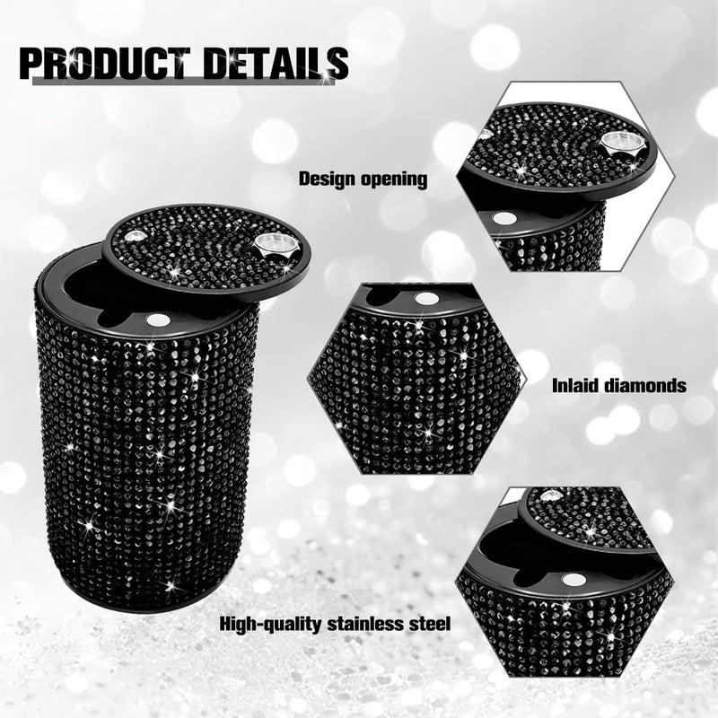 FALVFUN Bling Car Ashtray, Rhinestones Smokeless Smell Proof Vehicle Cup Holder Ash Tray with Lid, Sparkling Diamond Portable Automotive Interior Ashtray, Universal for SUV RV Truck (Black) - Image 3